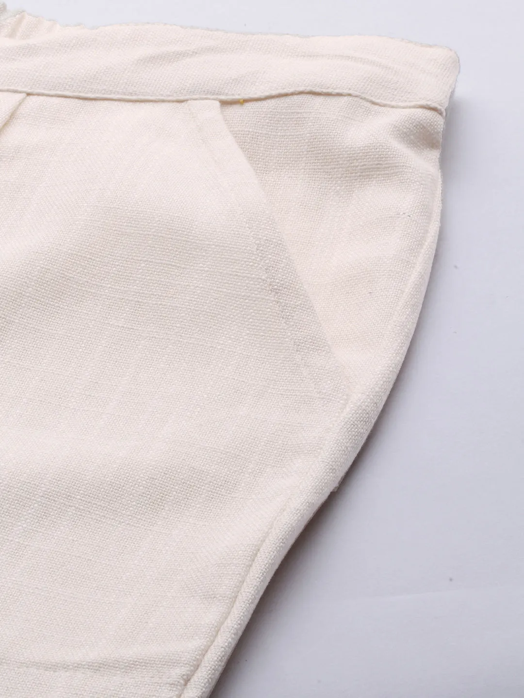 Off White Cotton Slub Bottom-Fold Straight Pants