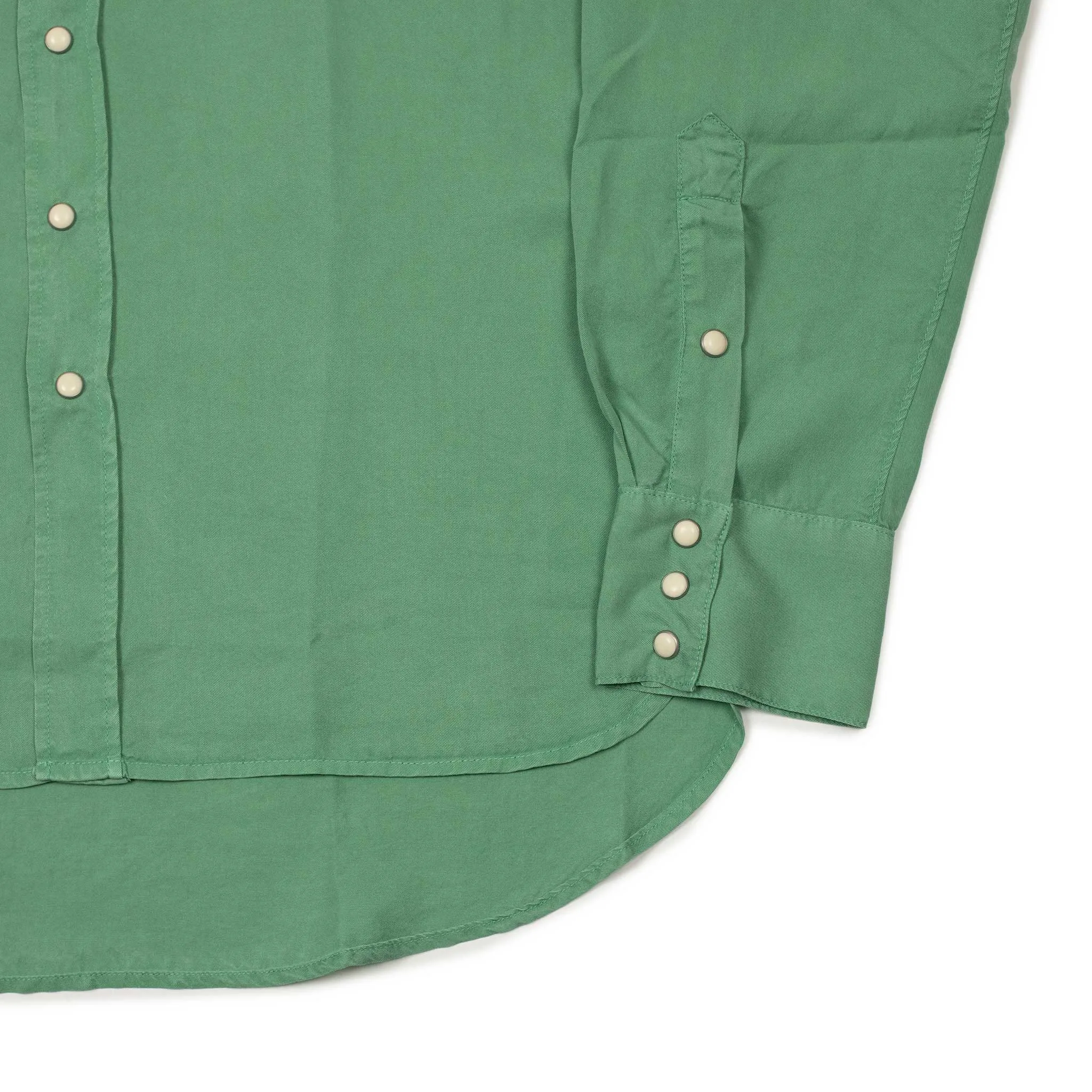 Pearlsnap shirt in celedon green tencel gabardine