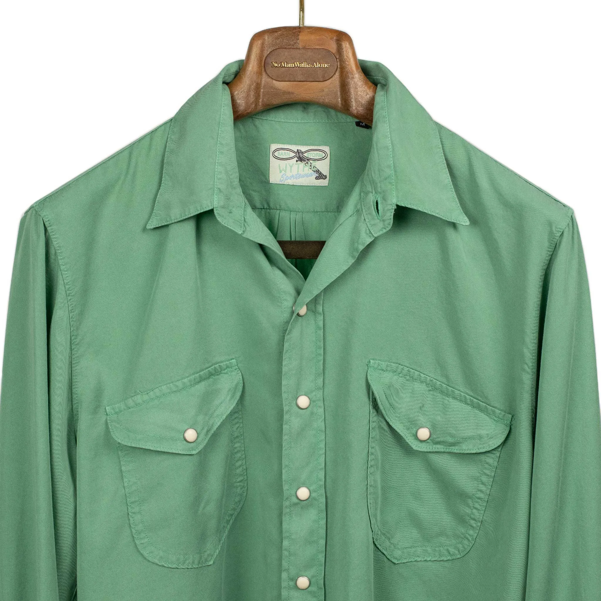 Pearlsnap shirt in celedon green tencel gabardine