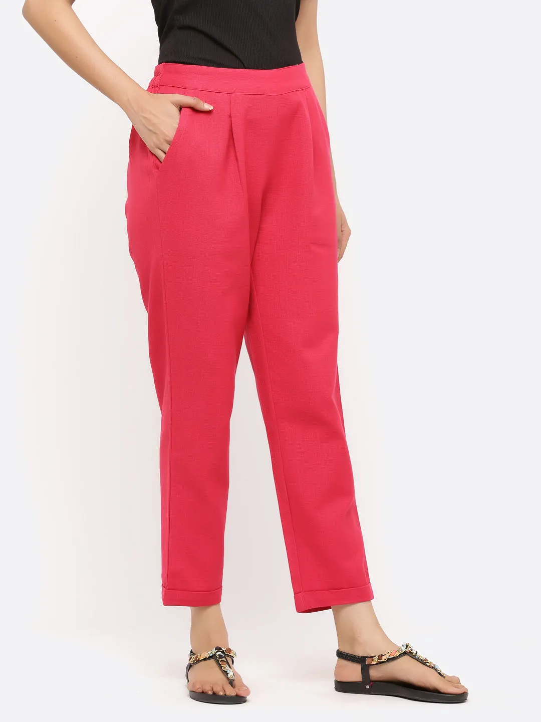 Rani Pink Cotton Slub Bottom-Fold Straight Pants