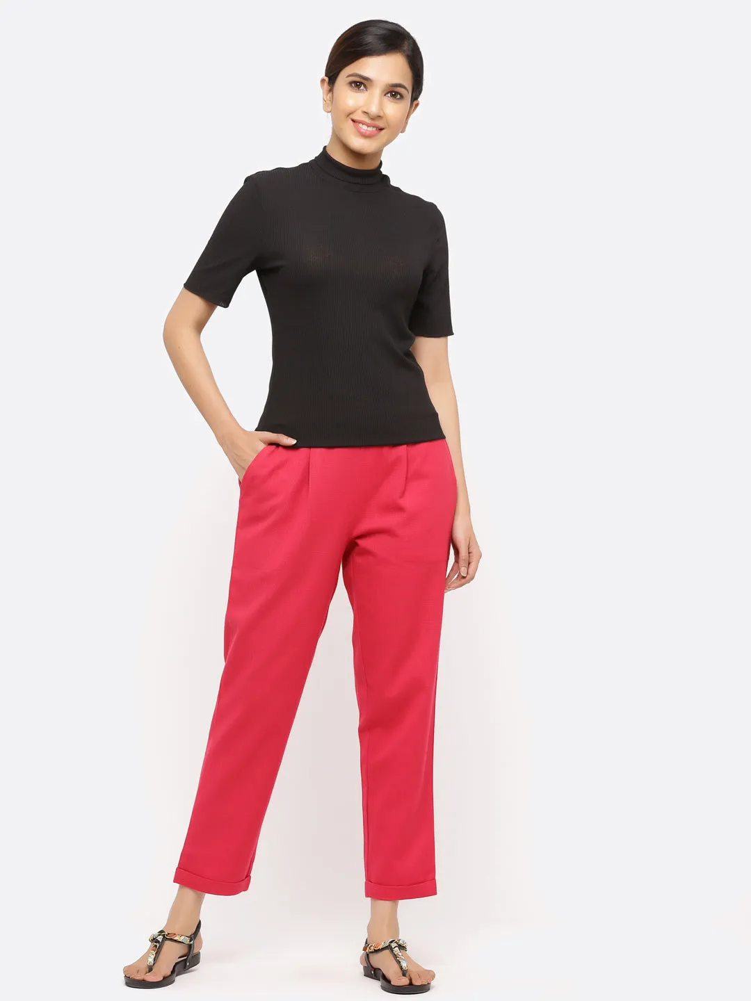 Rani Pink Cotton Slub Bottom-Fold Straight Pants