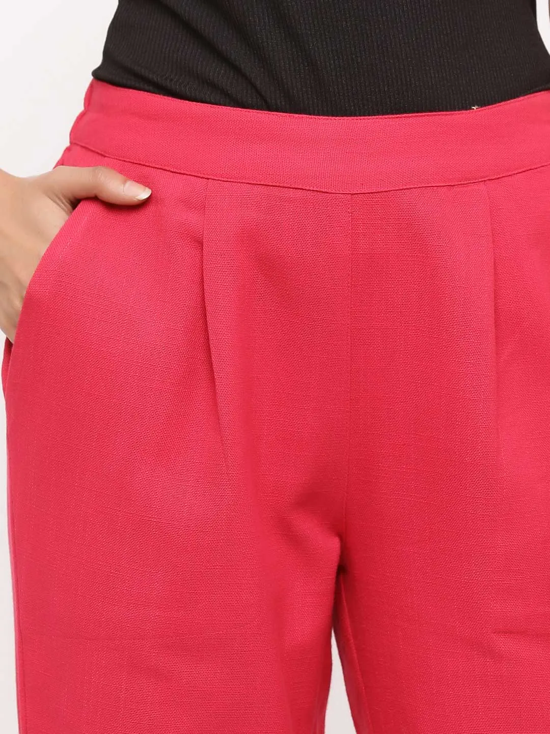 Rani Pink Cotton Slub Bottom-Fold Straight Pants