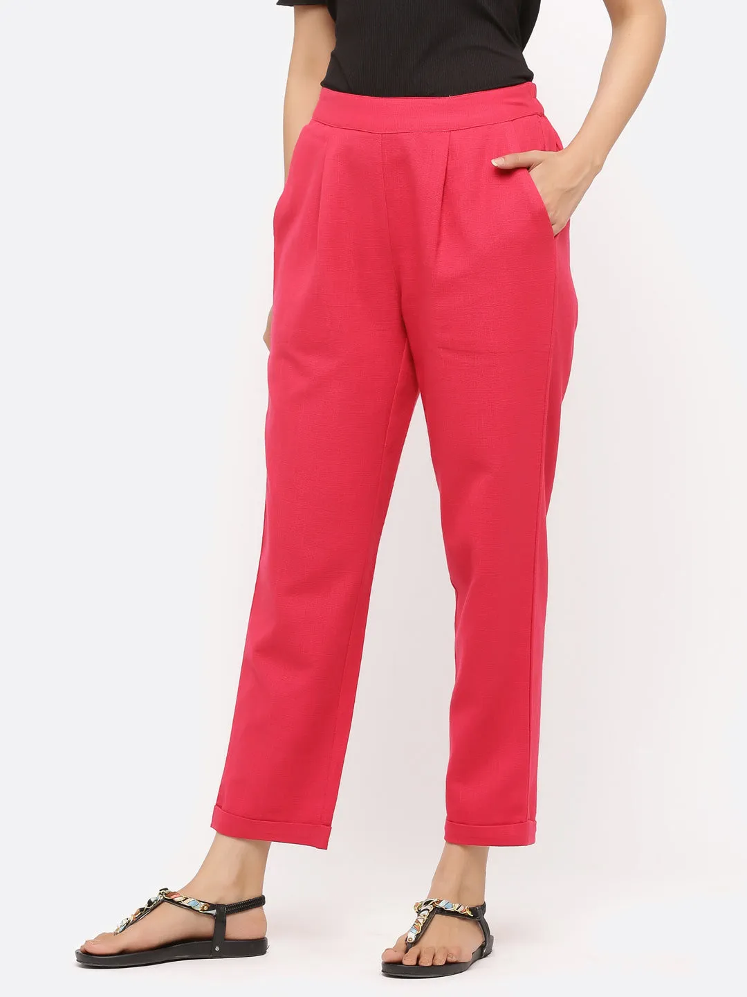 Rani Pink Cotton Slub Bottom-Fold Straight Pants