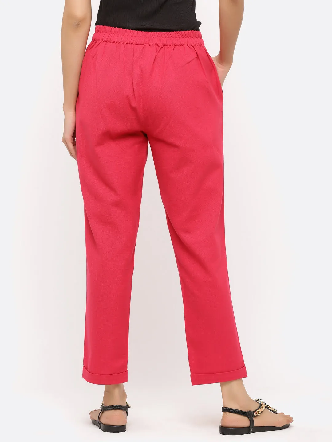 Rani Pink Cotton Slub Bottom-Fold Straight Pants