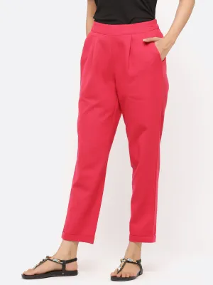 Rani Pink Cotton Slub Bottom-Fold Straight Pants