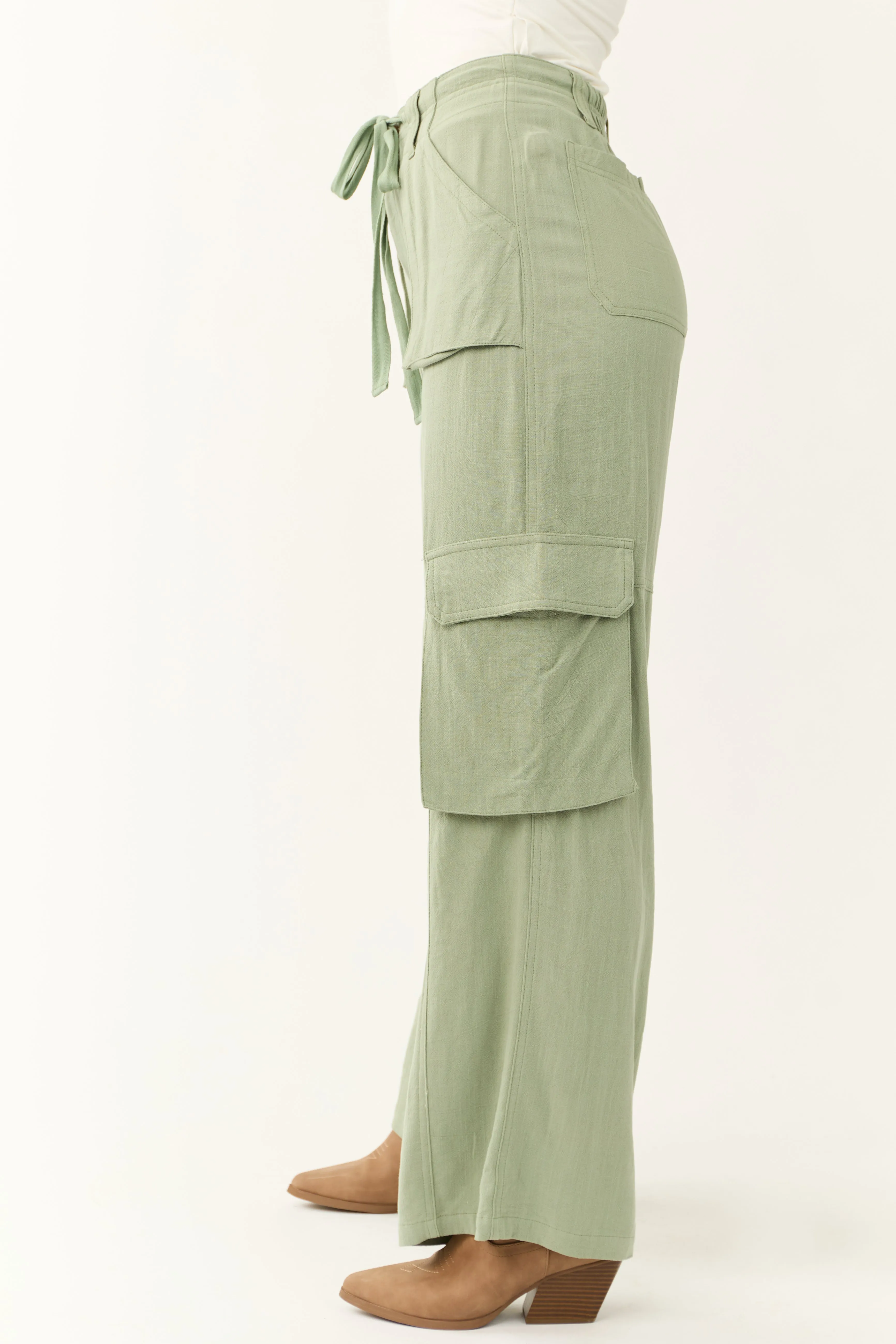 Rich Sage Relaxed Fit Wide Leg Cargo Pants