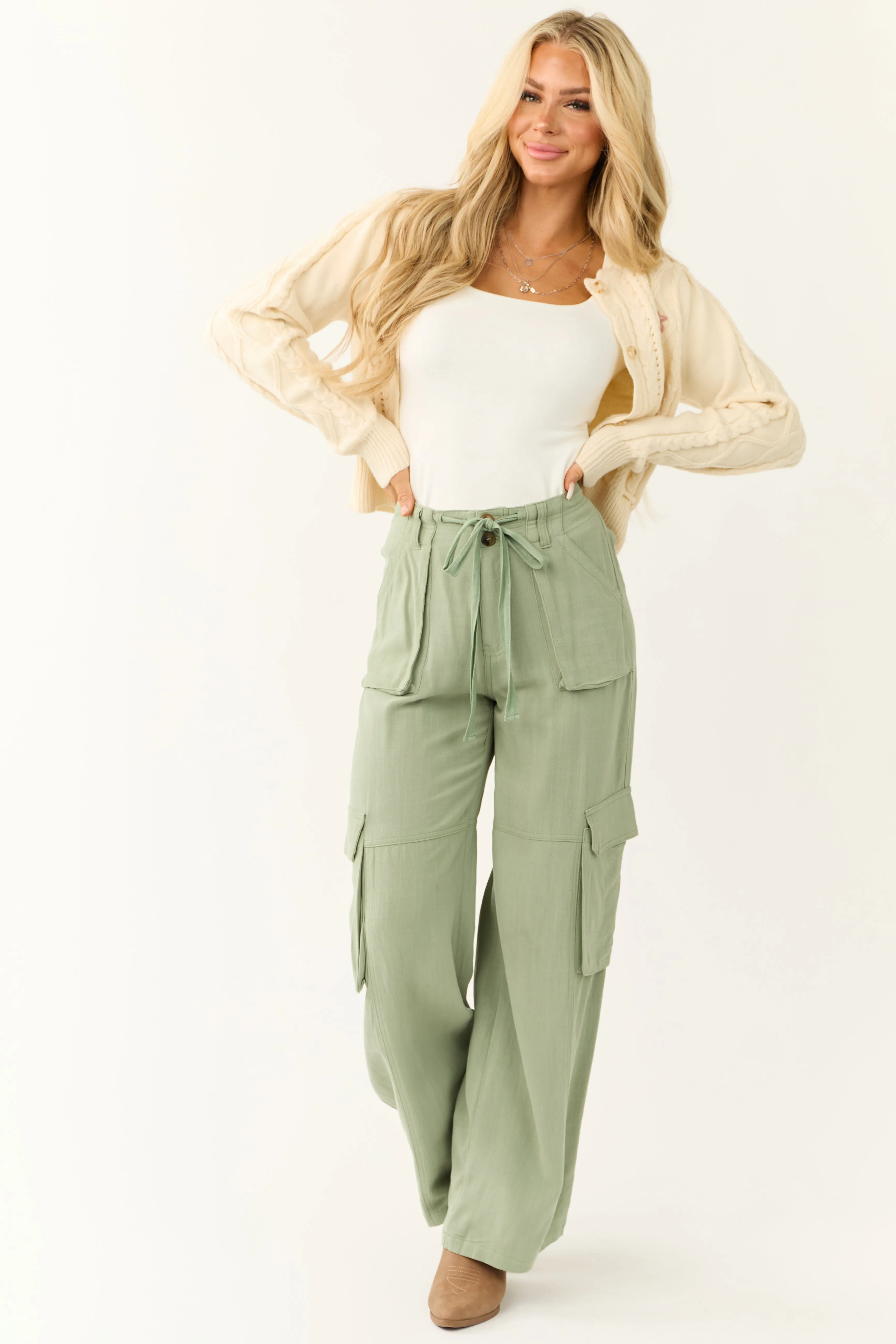 Rich Sage Relaxed Fit Wide Leg Cargo Pants