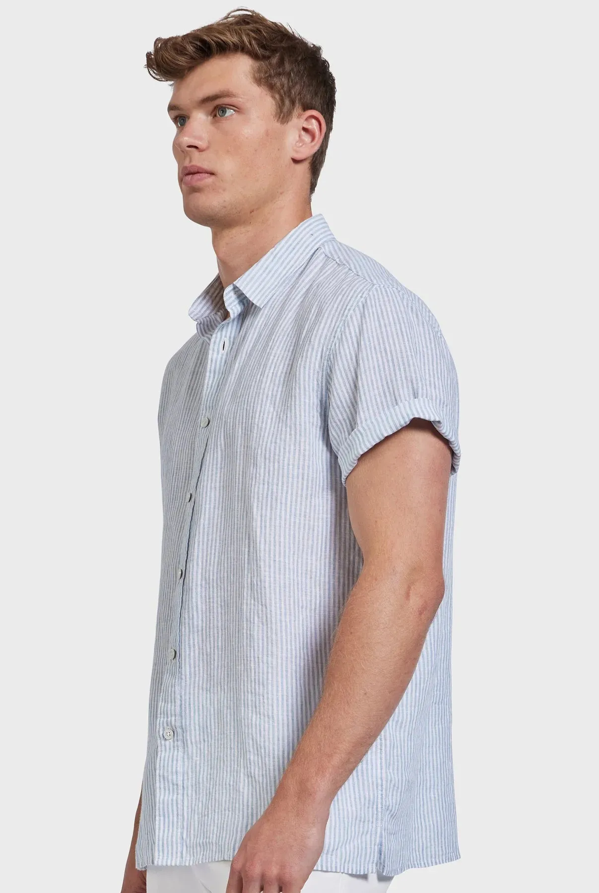 Rory Short Sleeve Linen Shirt in Atlantic Blue