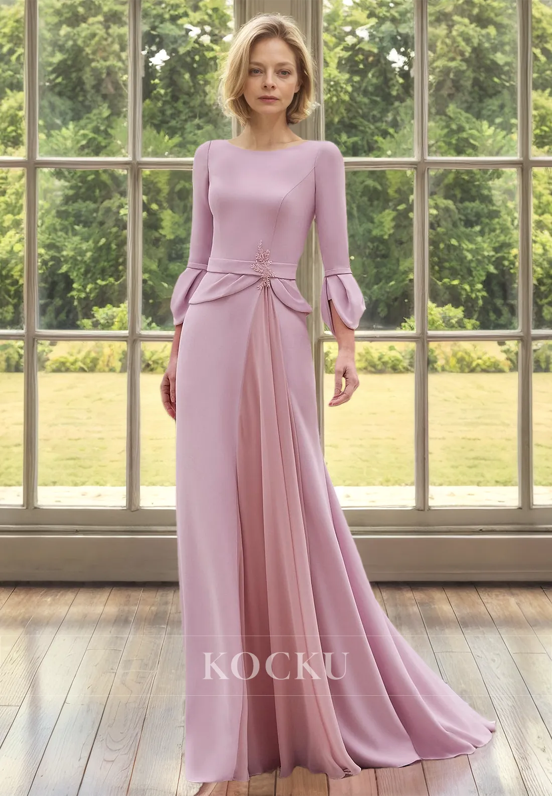 Scoop Neck Sheath Long Sleeves Pleated Satin Mother of Bride Dress with Appliques Cocktail Dress