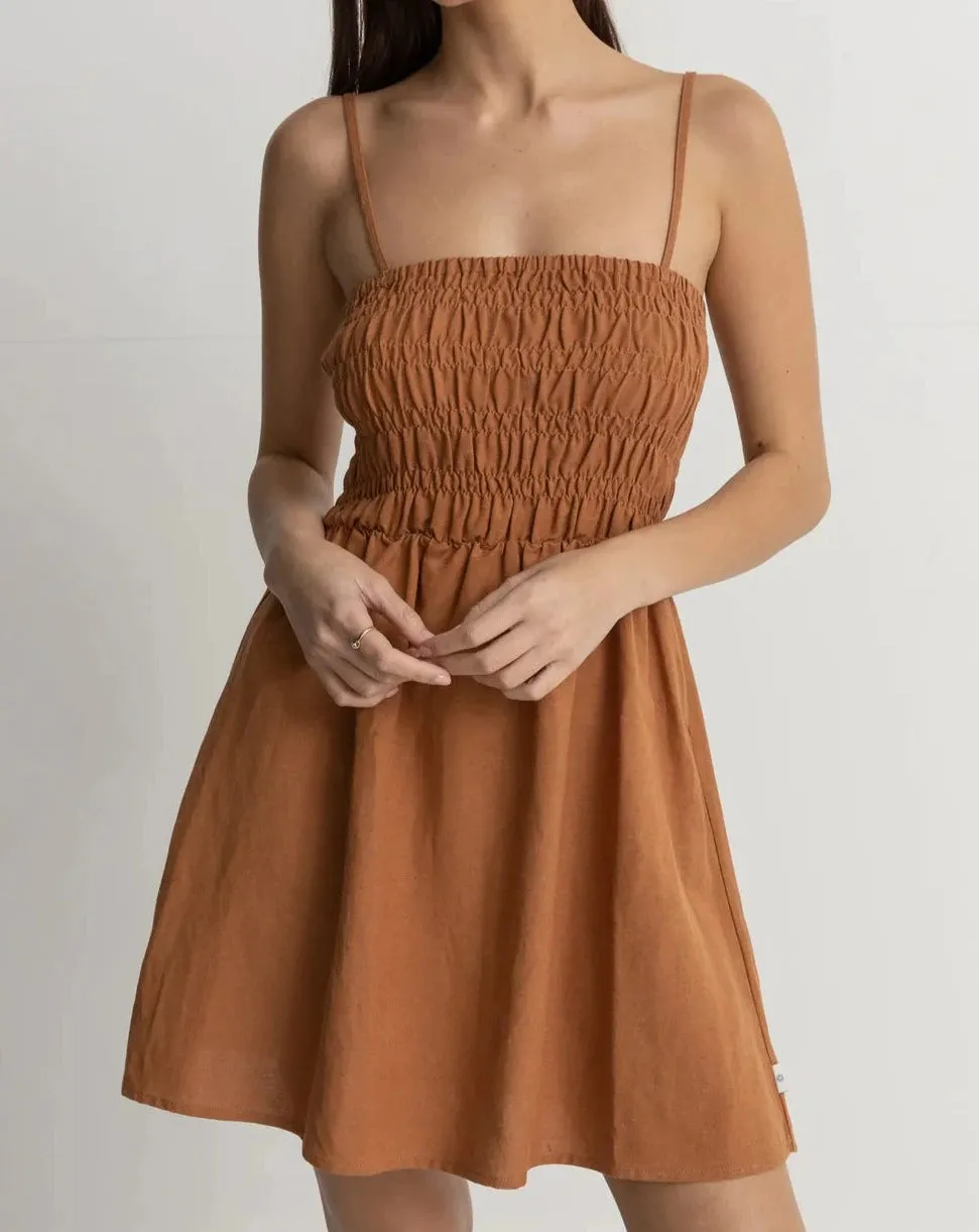 Shirred Mini Dress in Caramel