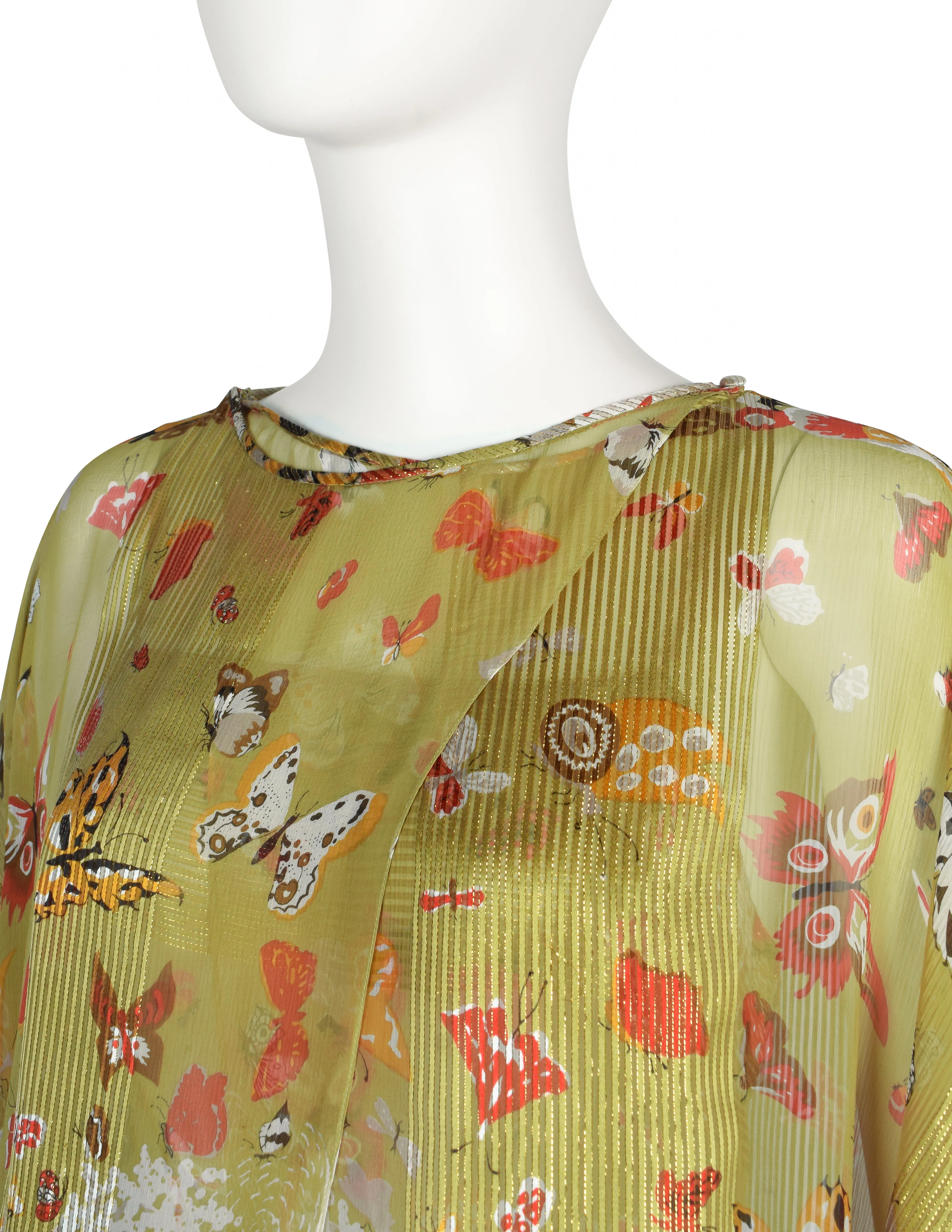 Soo Yung Lee Vintage Green Butterfly Floral Cat Print Silk 3 Piece Ensemble