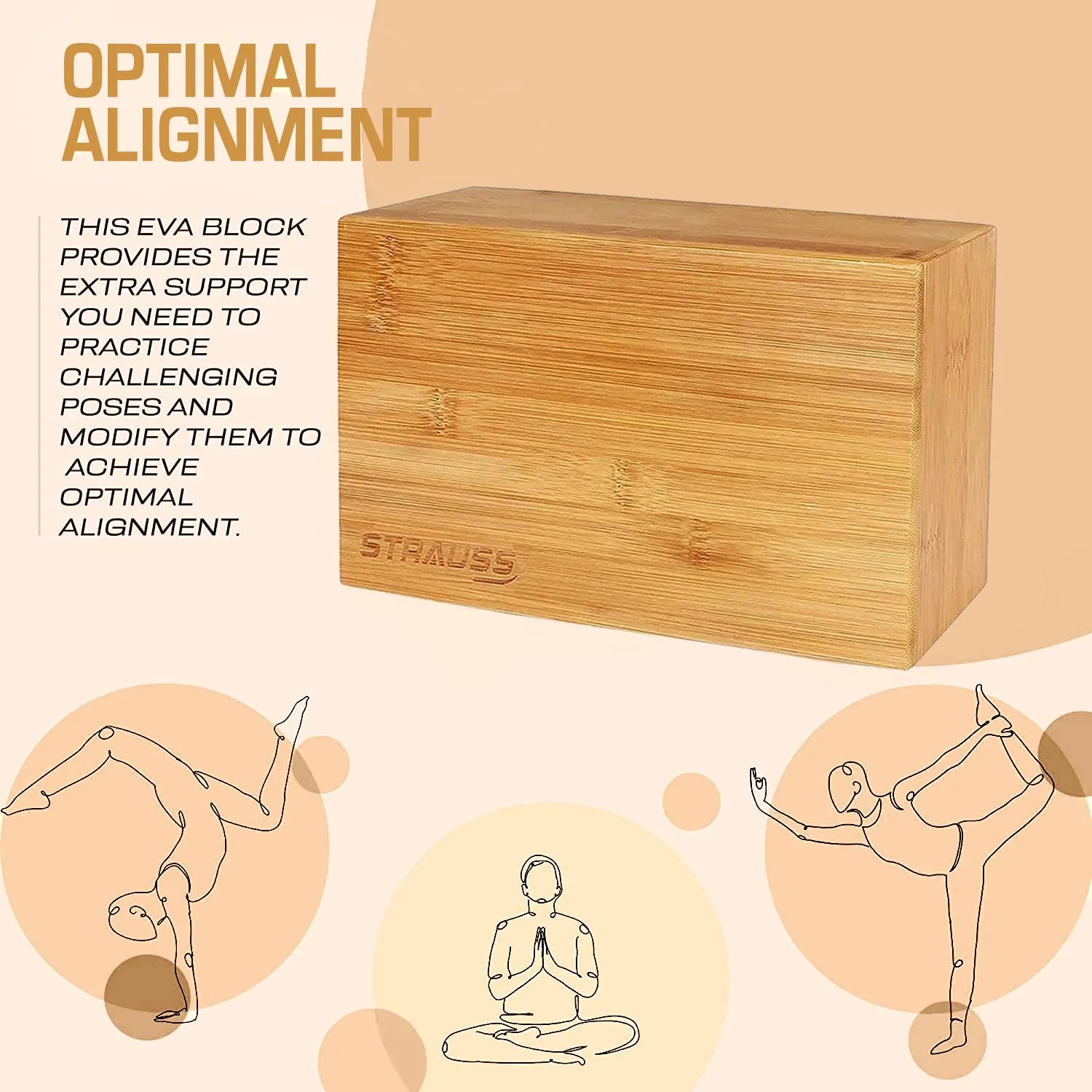 Strauss Wooden Yoga Block | Non-Slip Workout Brick For Improving Poses, Balances Flexibility & Support Strength Training Exercises | Yoga Brick To Support and Deepen Yoga Poses,(Brown)