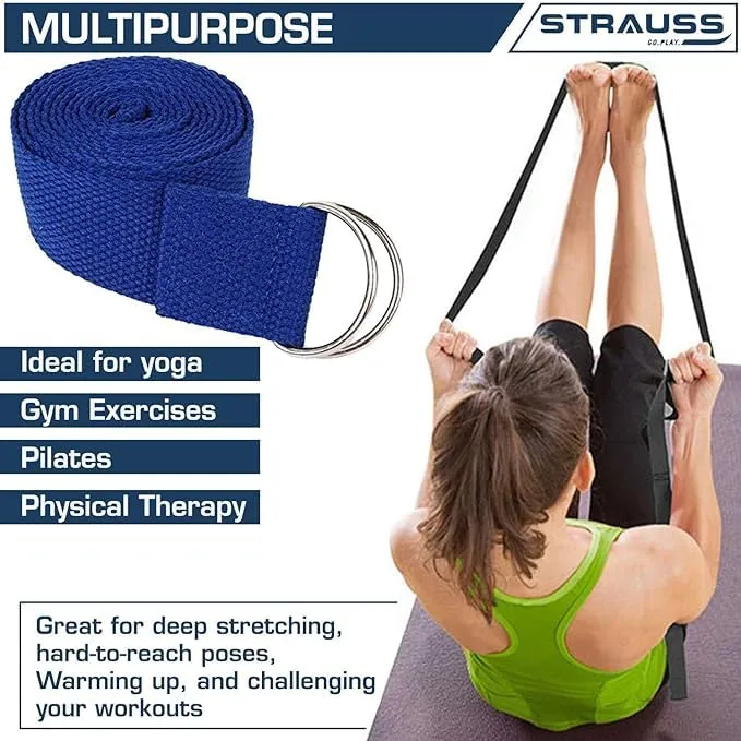 Strauss Yoga Strap & Stretching Belt | Ideal for Yoga, Pilates, Therapy, Dance, Gymnastics & Flexibility | 60% Thicker Belt with Extra Safe Adjustable Metal D-Ring Buckle | 8 feet (Blue) | Pack of 3