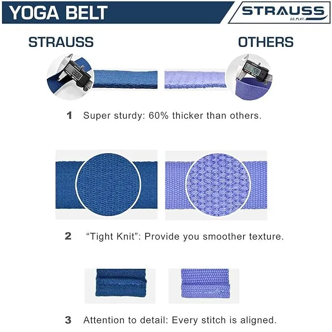 Strauss Yoga Strap & Stretching Belt | Ideal for Yoga, Pilates, Therapy, Dance, Gymnastics & Flexibility | 60% Thicker Belt with Extra Safe Adjustable Metal D-Ring Buckle | 8 feet (Blue) | Pack of 3