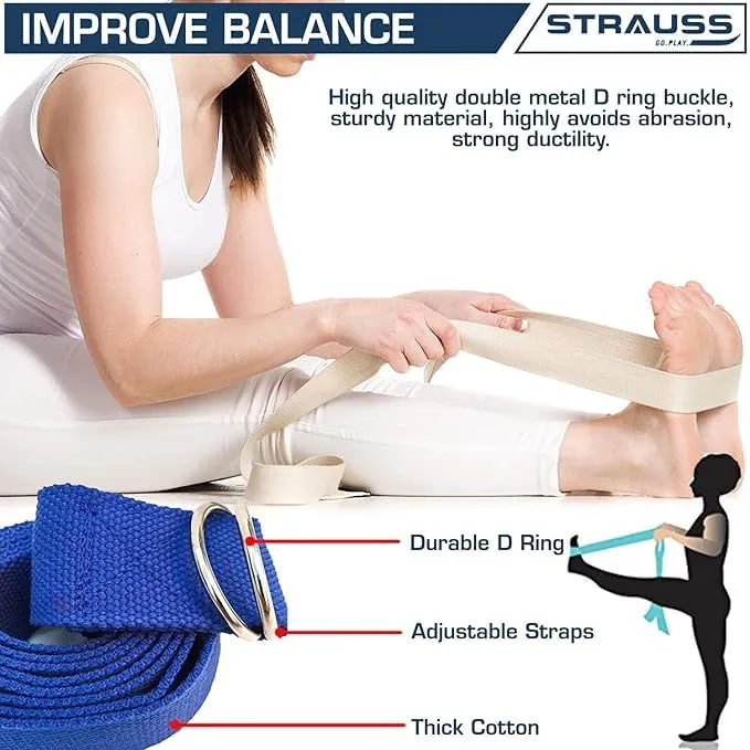 Strauss Yoga Strap & Stretching Belt | Ideal for Yoga, Pilates, Therapy, Dance, Gymnastics & Flexibility | 60% Thicker Belt with Extra Safe Adjustable Metal D-Ring Buckle | 8 feet (Blue) | Pack of 3