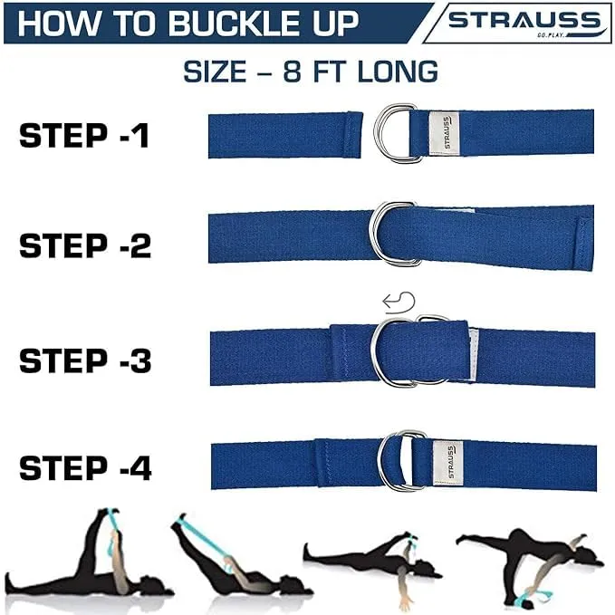 Strauss Yoga Strap & Stretching Belt | Ideal for Yoga, Pilates, Therapy, Dance, Gymnastics & Flexibility | 60% Thicker Belt with Extra Safe Adjustable Metal D-Ring Buckle | 8 feet (Blue) | Pack of 3