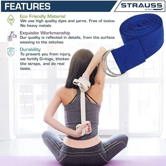 Strauss Yoga Strap & Stretching Belt | Ideal for Yoga, Pilates, Therapy, Dance, Gymnastics & Flexibility | 60% Thicker Belt with Extra Safe Adjustable Metal D-Ring Buckle | 8 feet (Blue) | Pack of 3