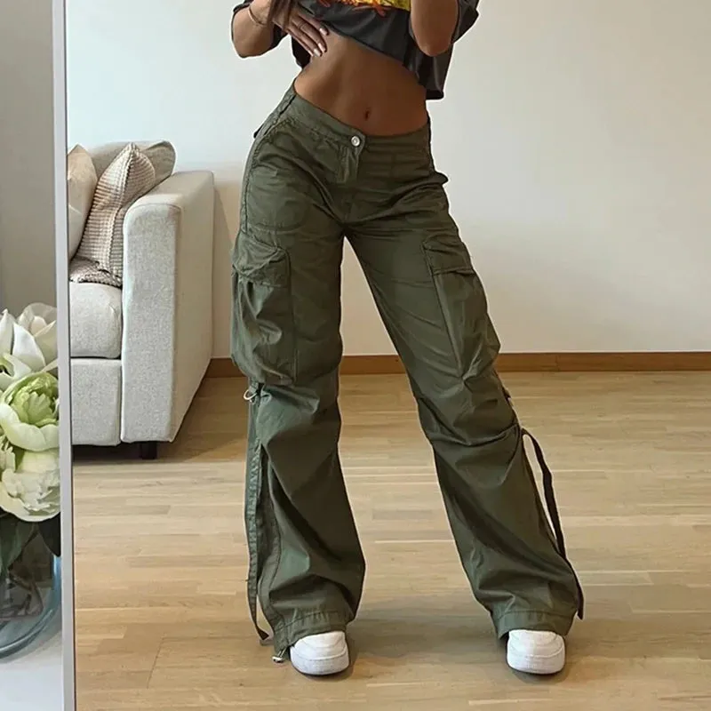 Streetwear Basic Buckle Cargo Pants Women Solid Straight Leg Big Pockets Baggy Trousers All-Match Y2K Sweatpants Chic