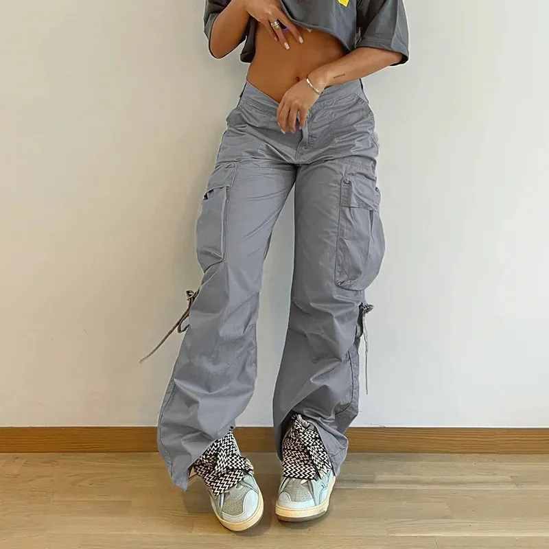 Streetwear Basic Buckle Cargo Pants Women Solid Straight Leg Big Pockets Baggy Trousers All-Match Y2K Sweatpants Chic