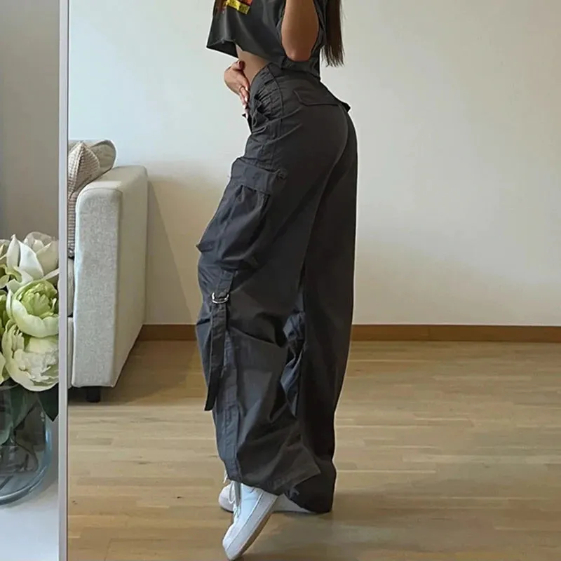 Streetwear Basic Buckle Cargo Pants Women Solid Straight Leg Big Pockets Baggy Trousers All-Match Y2K Sweatpants Chic