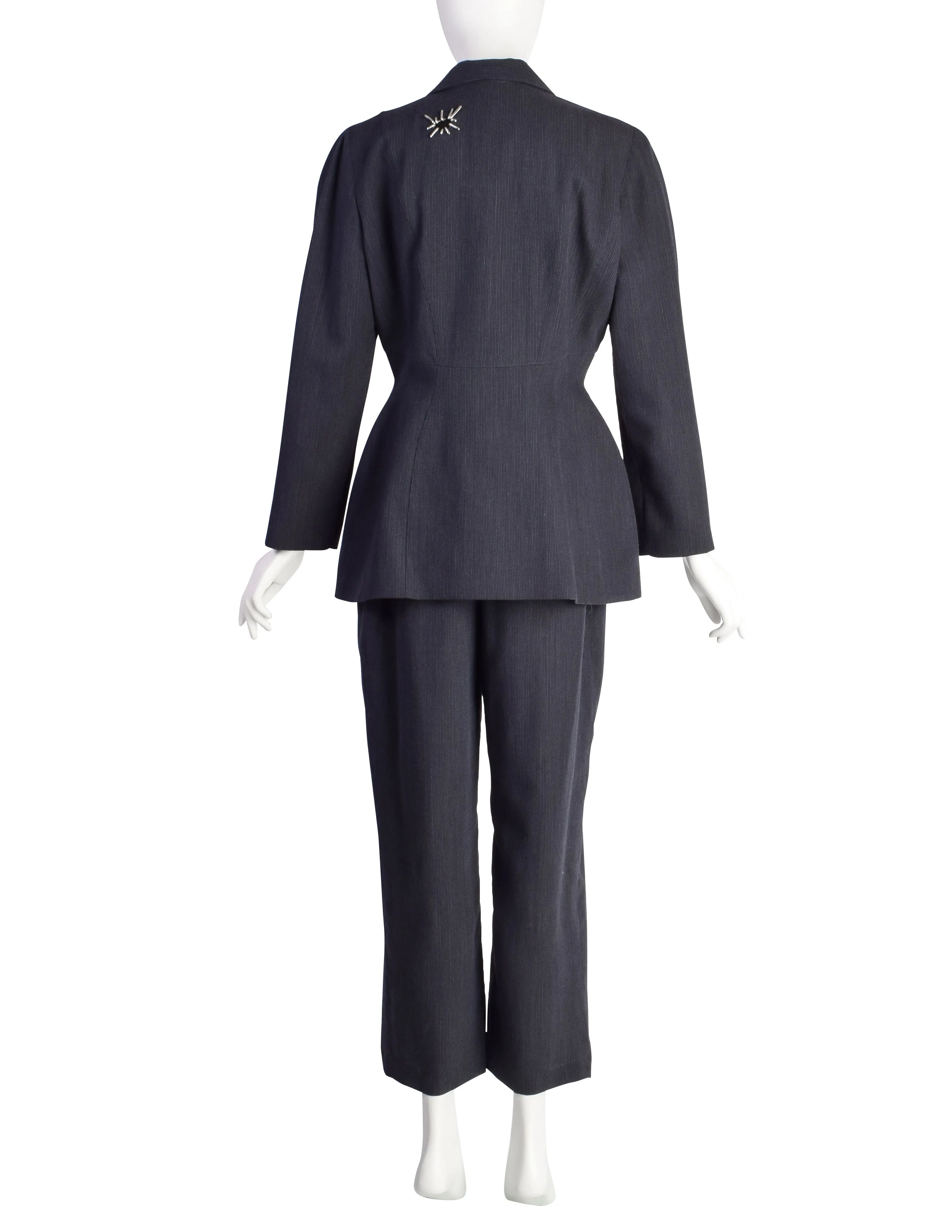 Thierry Mugler Vintage 1990s Bluish Grey Metal Embellished Wool Jacket Pant Suit