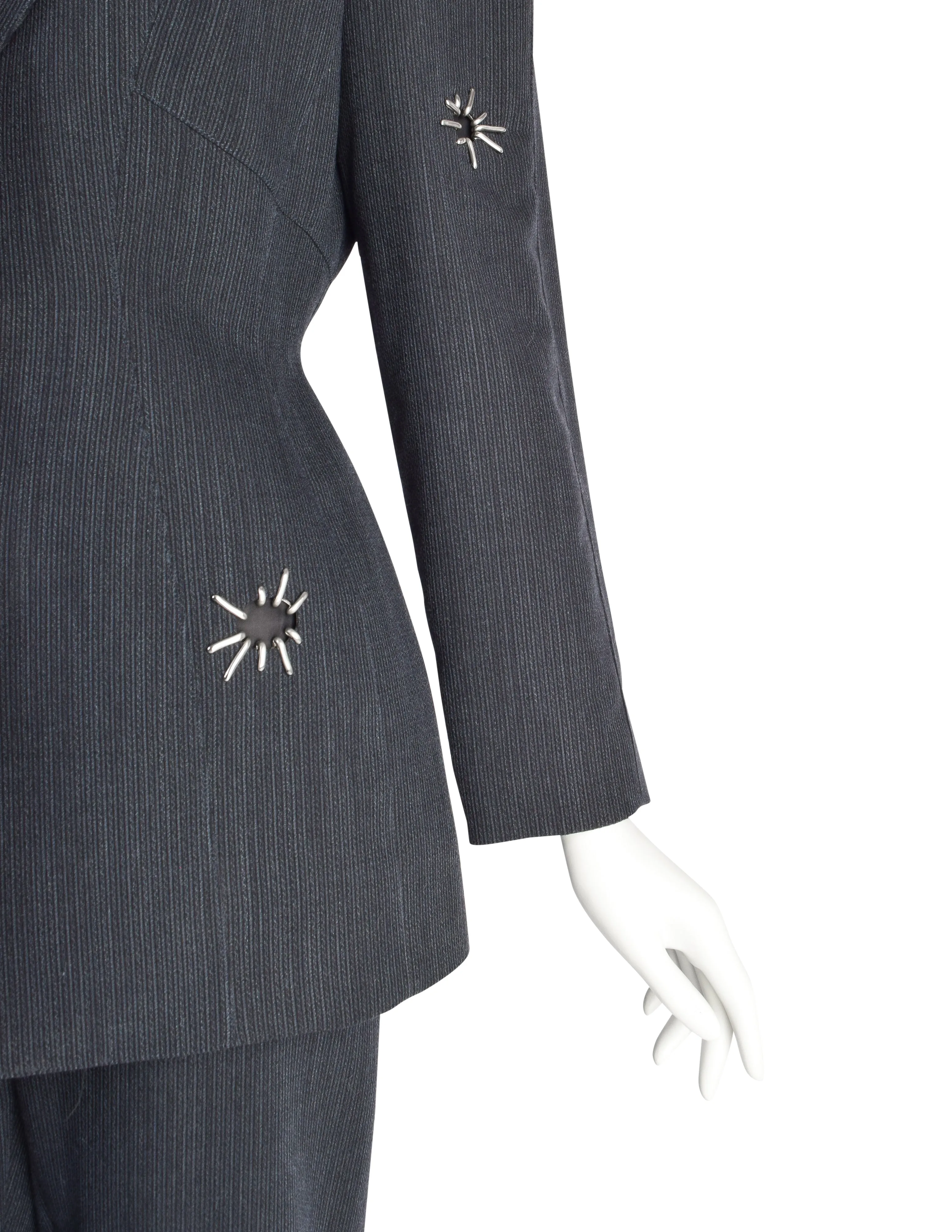 Thierry Mugler Vintage 1990s Bluish Grey Metal Embellished Wool Jacket Pant Suit