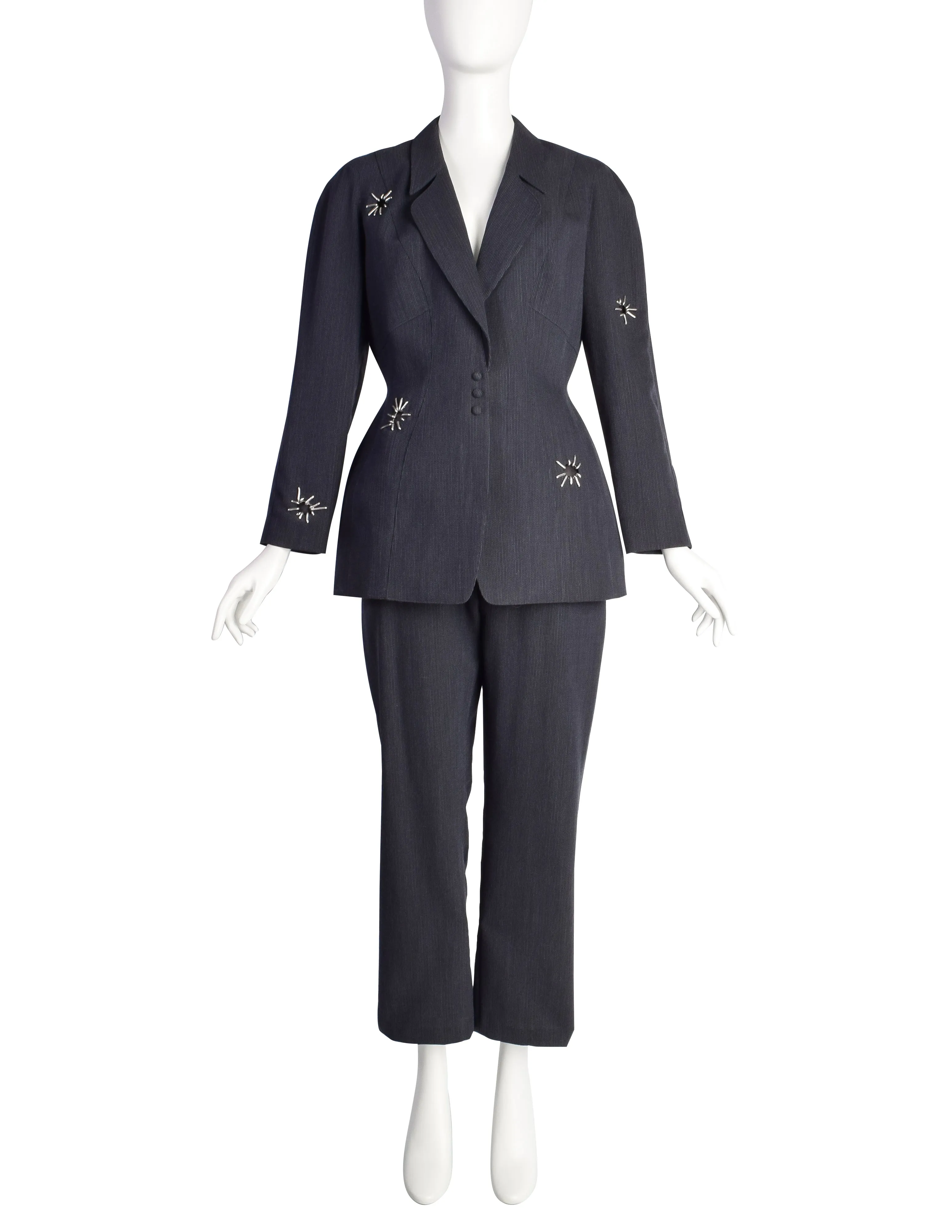 Thierry Mugler Vintage 1990s Bluish Grey Metal Embellished Wool Jacket Pant Suit