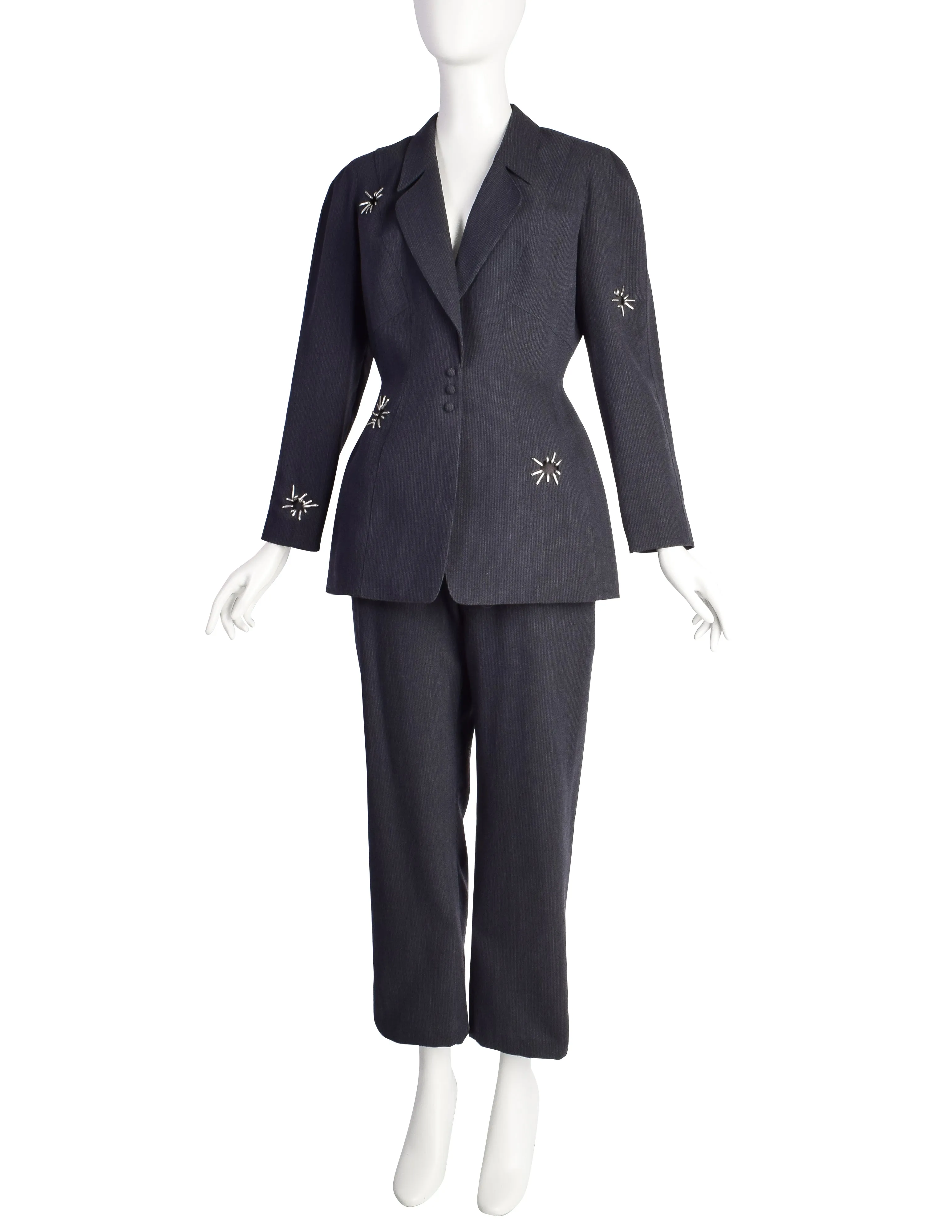 Thierry Mugler Vintage 1990s Bluish Grey Metal Embellished Wool Jacket Pant Suit