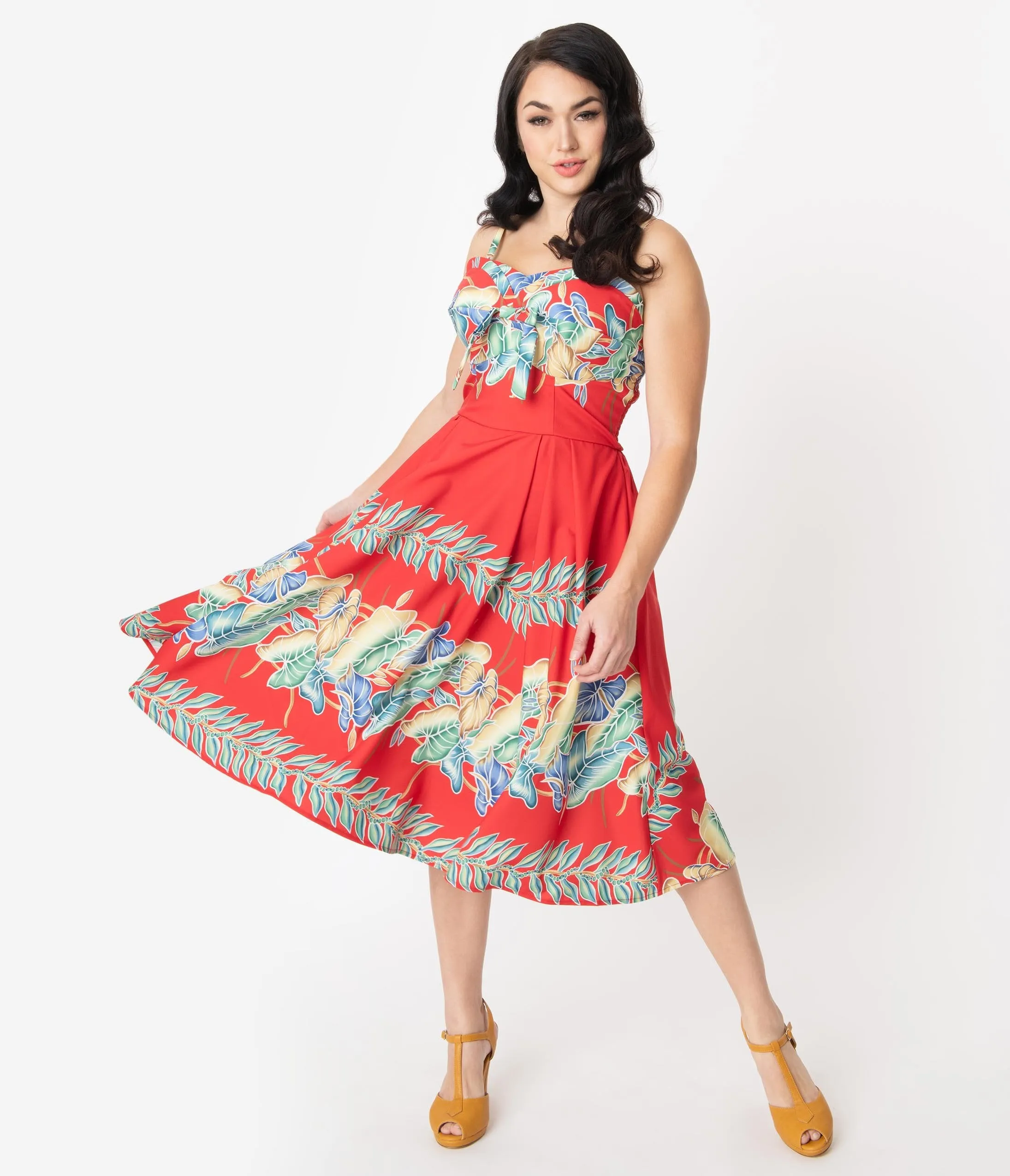 Unique Vintage x Kamehameha Red Hawaiian Print Kalani Swing Dress