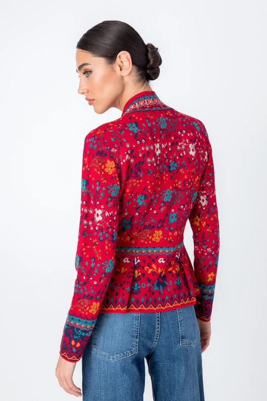 V Neck Jacket, Floral Pattern - Red