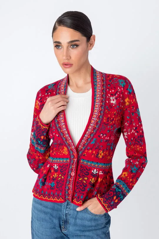 V Neck Jacket, Floral Pattern - Red