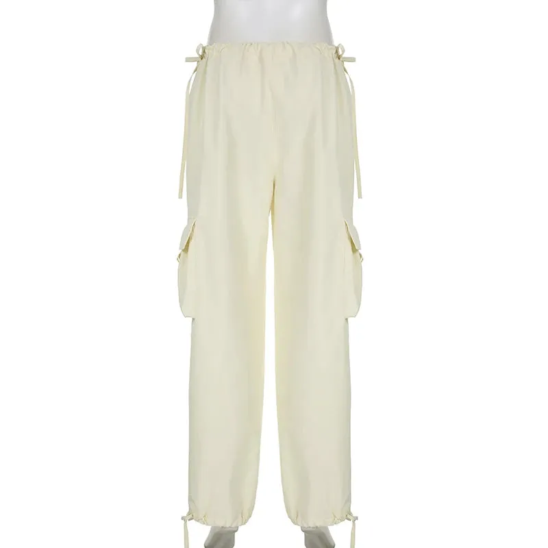 Y2K Harajuku Bow Low Rise Cargo Pants Female Korean Fashion Drawstring Pockets Solid Baggy Trousers Tech Sweatpants